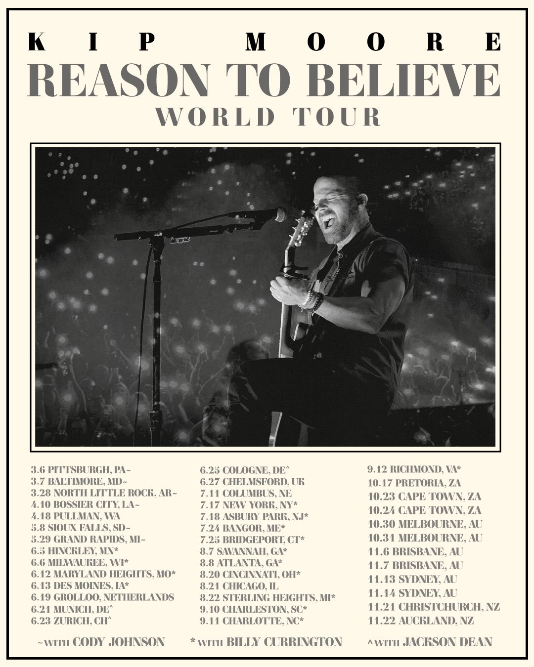 Kip Moore Reason To Believe World Tour Poster 2026